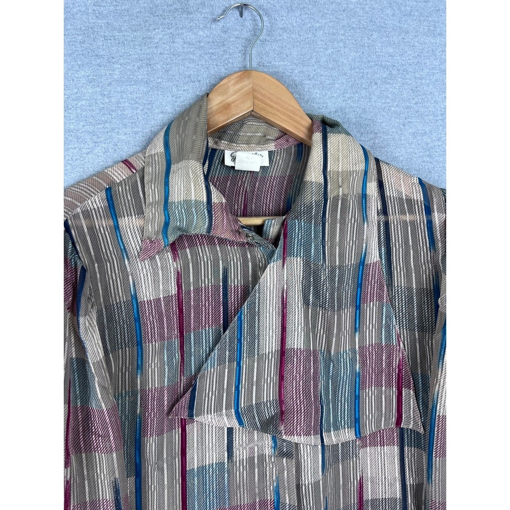 Vintage Jennifer Sheer Plaid Stripe Blouse Multi-Color Asymmetrical‎ Sz L 70s